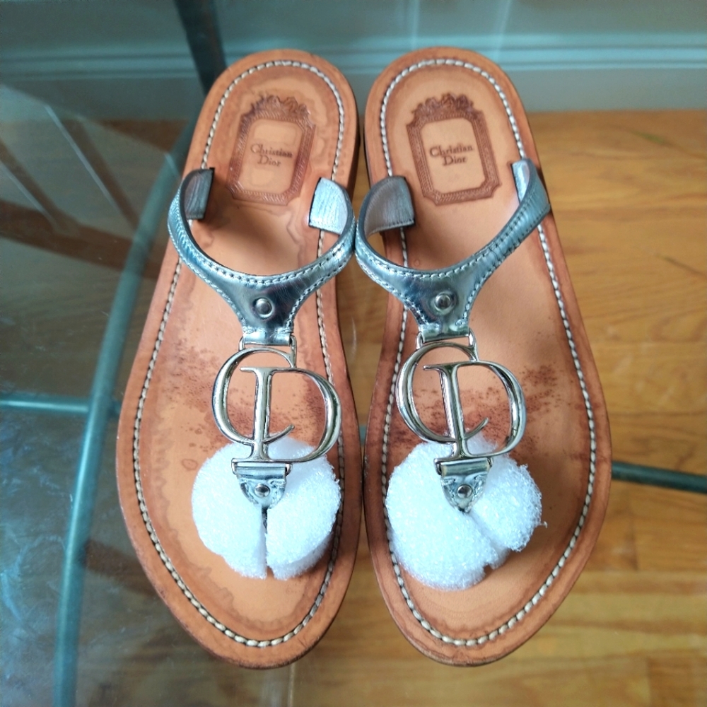 Christian Dior Silver Leather Sandals CD Logo Size 37